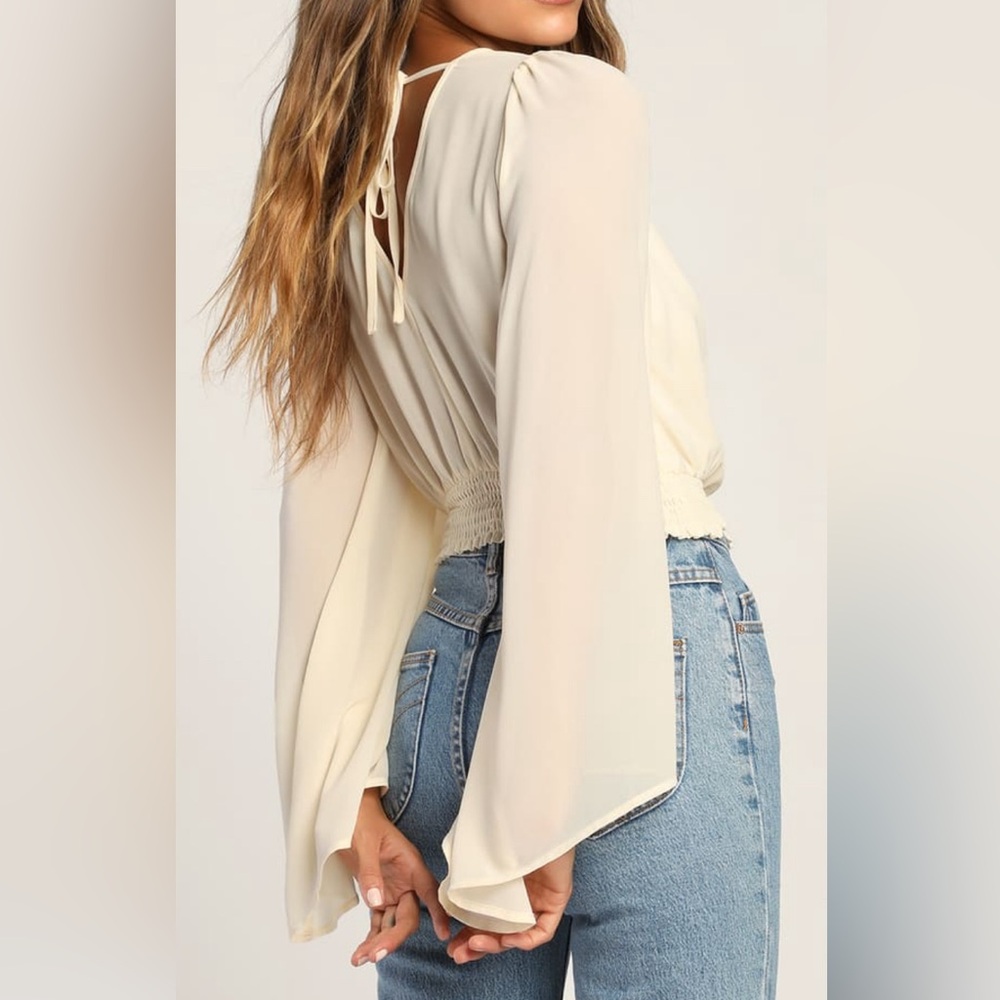 lulus Aura Ivory Smocked Long Flutter Sleeve chiffon top w/elastic waist Size S - Picture 3 of 10